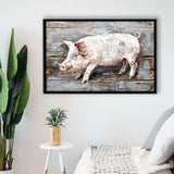 Animal Art, Pig Painted On Wood Background, Framed Canvas Print Wall Art Decor,Floating Frame