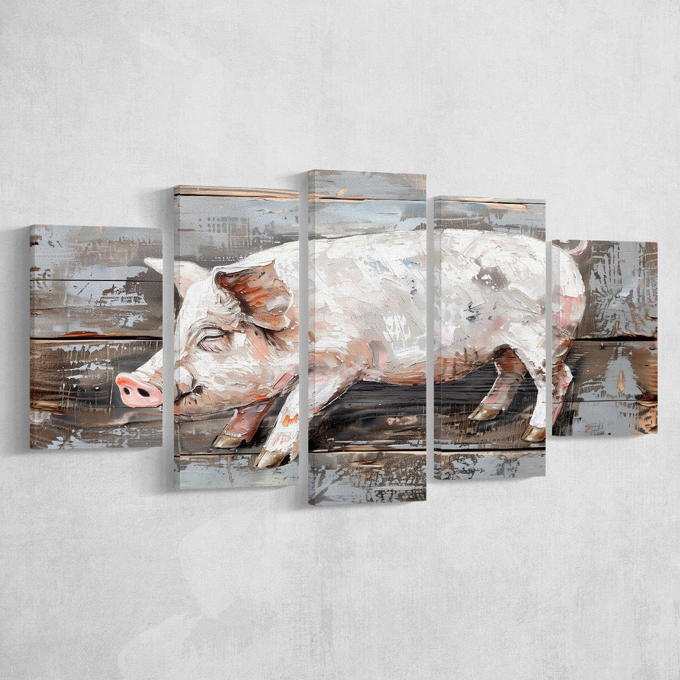 Animal Art, Pig Painted On Wood Background, Multi Panel Canvas Print Wall Art Decor, 5 Mixed Panel
