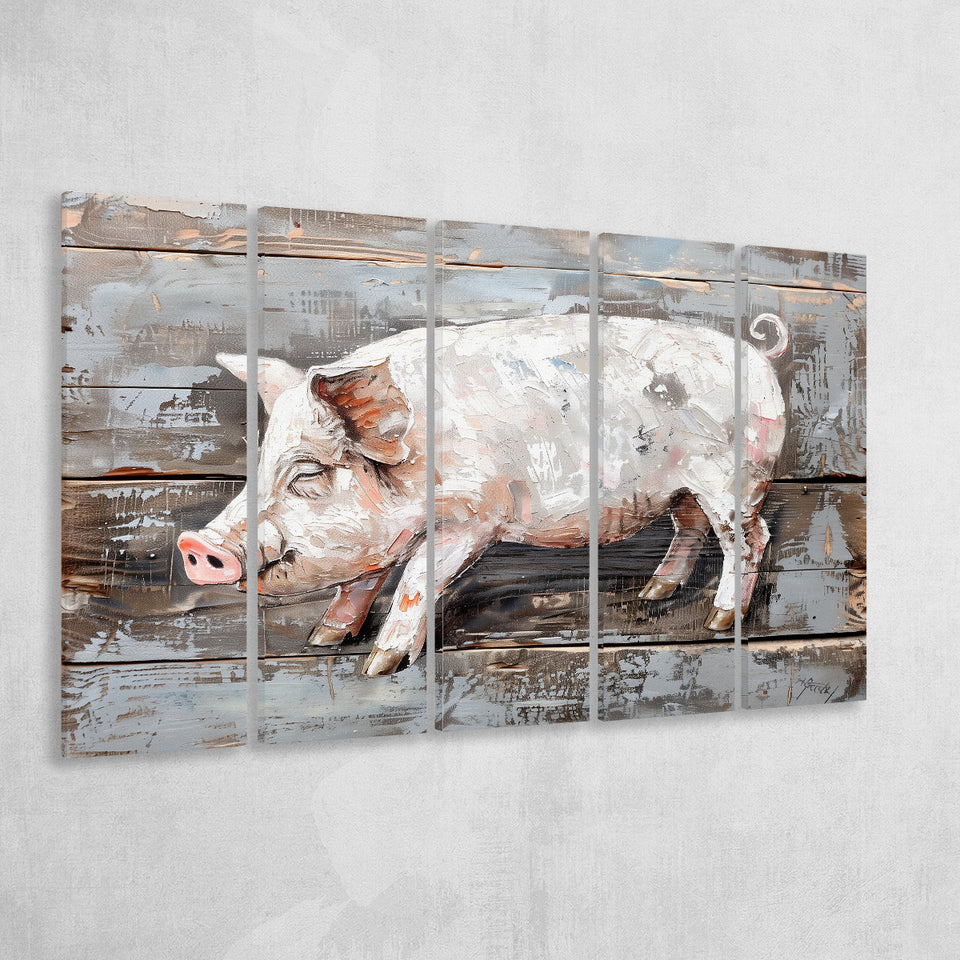 Animal Art, Pig Painted On Wood Background, Extra Large Multi 5 Panel Canvas Print Wall Art Decor