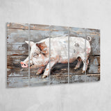 Animal Art, Pig Painted On Wood Background, Extra Large Multi 5 Panel Canvas Print Wall Art Decor