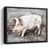 Animal Art, Pig Painted On Wood Background, Framed Canvas Print Wall Art Decor,Floating Frame