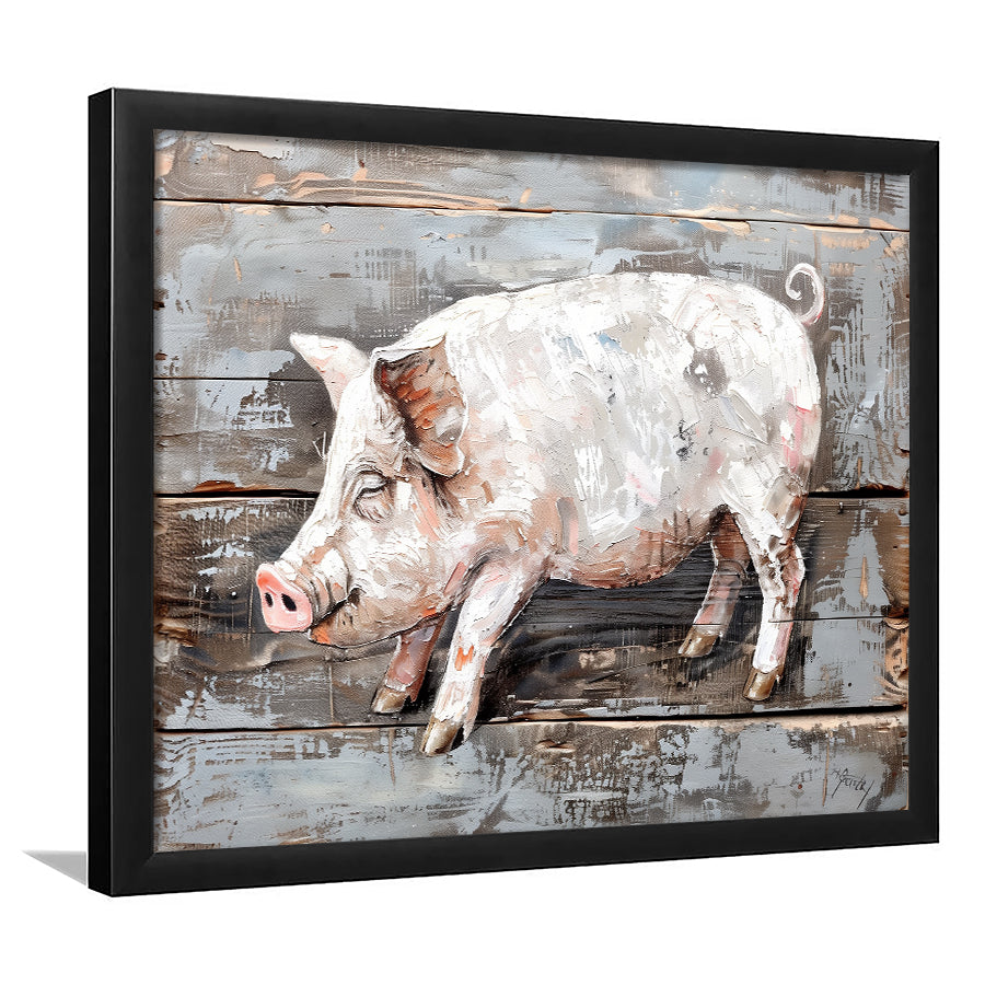 Animal Art, Pig Painted On Wood Background, Framed Art Print Wall Decor, Framed Picture