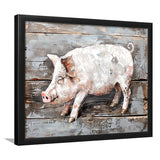 Animal Art, Pig Painted On Wood Background, Framed Art Print Wall Decor, Framed Picture