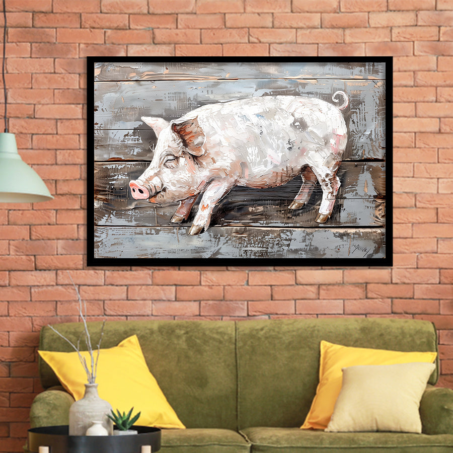 Animal Art, Pig Painted On Wood Background, Framed Art Print Wall Decor, Framed Picture