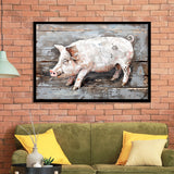 Animal Art, Pig Painted On Wood Background, Framed Art Print Wall Decor, Framed Picture