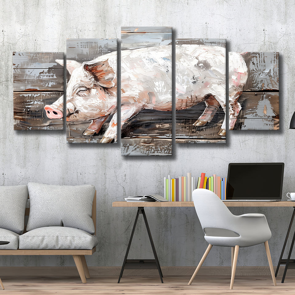 Animal Art, Pig Painted On Wood Background, Multi Panel Canvas Print Wall Art Decor, 5 Mixed Panel