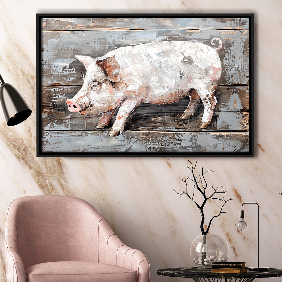 Animal Art, Pig Painted On Wood Background, Framed Canvas Print Wall Art Decor,Floating Frame