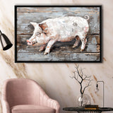 Animal Art, Pig Painted On Wood Background, Framed Canvas Print Wall Art Decor,Floating Frame