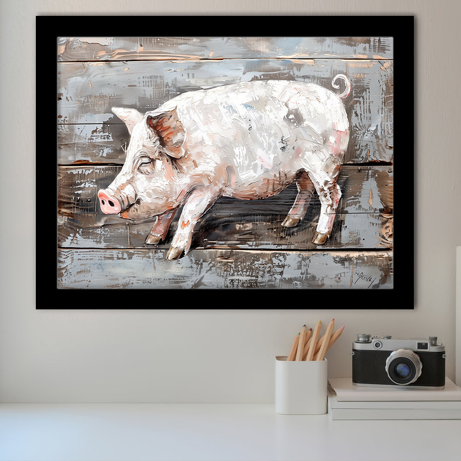Animal Art, Pig Painted On Wood Background, Framed Art Print Wall Decor, Framed Picture