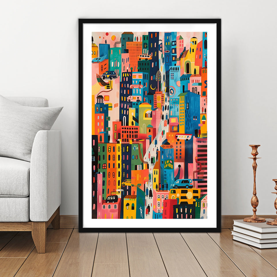 Art Print Urban Patchwork Cityscape, Playful Streetscape, Urban Art For Home Decor, Framed Art Print White Border