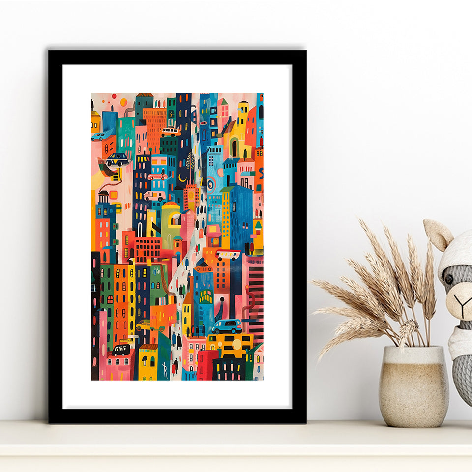 Art Print Urban Patchwork Cityscape, Playful Streetscape, Urban Art For Home Decor, Framed Art Print White Border