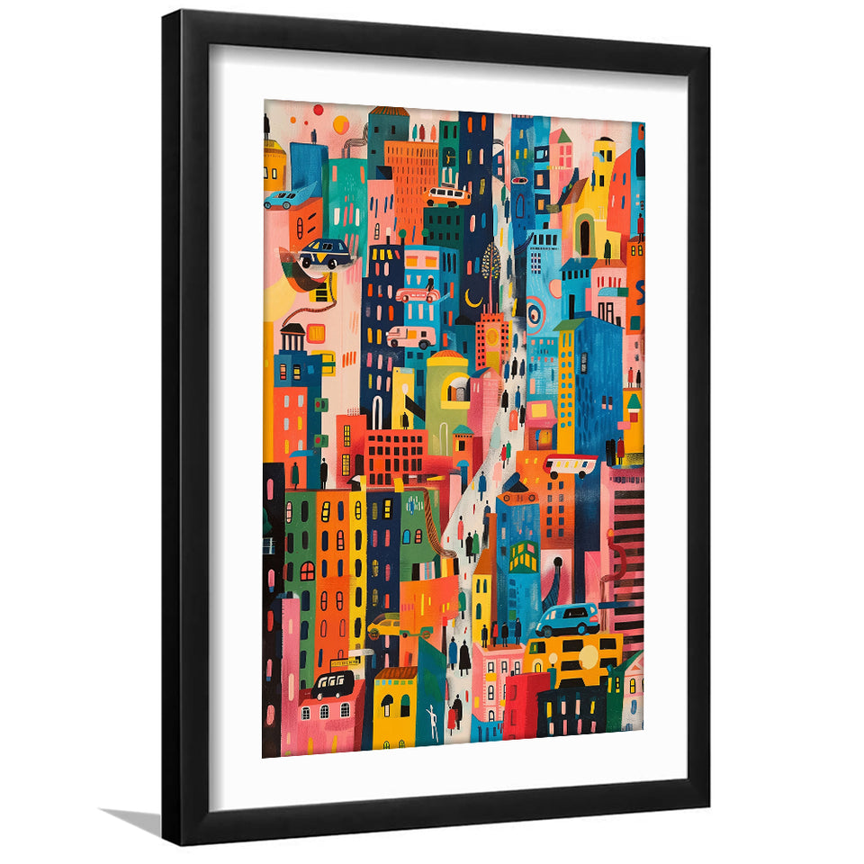 Art Print Urban Patchwork Cityscape, Playful Streetscape, Urban Art For Home Decor, Framed Art Print White Border