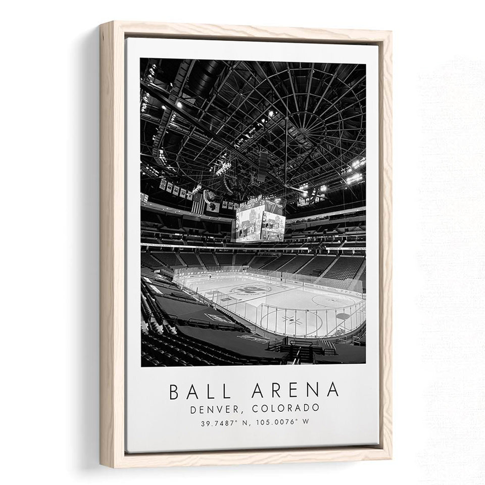 Ball Arena Colorado Avalanche, Stadium Wall Art For Ice Hockey Lovers, B&W, Floating Framed Canvas Print