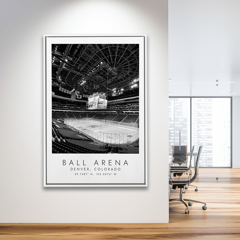 Ball Arena Colorado Avalanche, Stadium Wall Art For Ice Hockey Lovers, B&W, Floating Framed Canvas Print