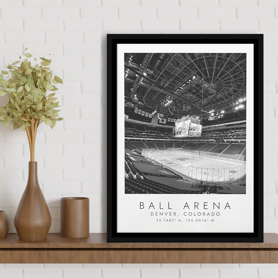 Ball Arena Colorado Avalanche, Stadium Wall Art For Ice Hockey Lovers, B&W, Floating Framed Canvas Print