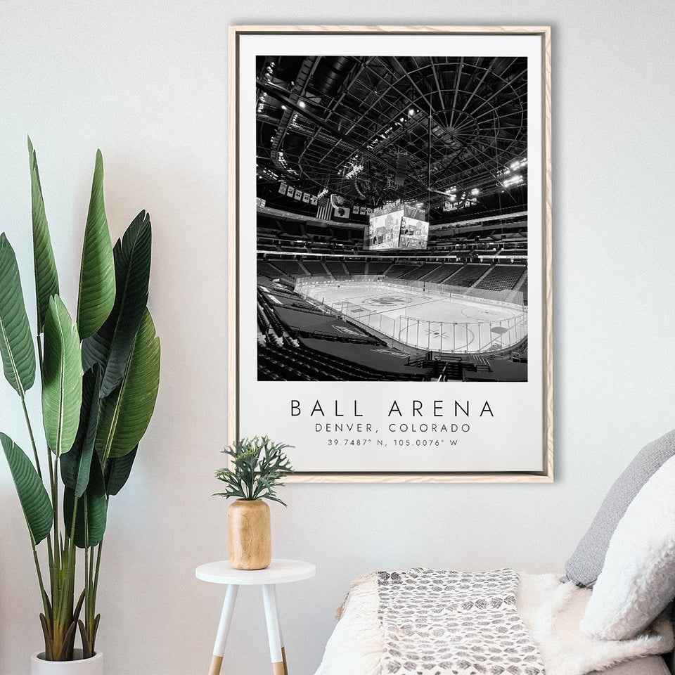 Ball Arena Colorado Avalanche, Stadium Wall Art For Ice Hockey Lovers, B&W, Floating Framed Canvas Print