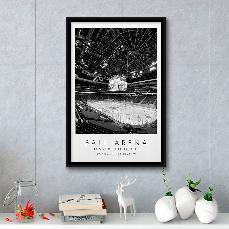 Ball Arena Colorado Avalanche, Stadium Wall Art For Ice Hockey Lovers, B&W, Floating Framed Canvas Print
