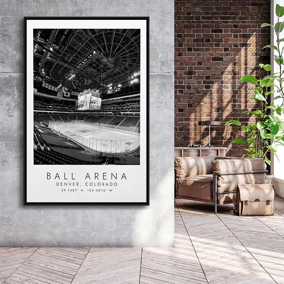 Ball Arena Colorado Avalanche, Stadium Wall Art For Ice Hockey Lovers, B&W, Floating Framed Canvas Print