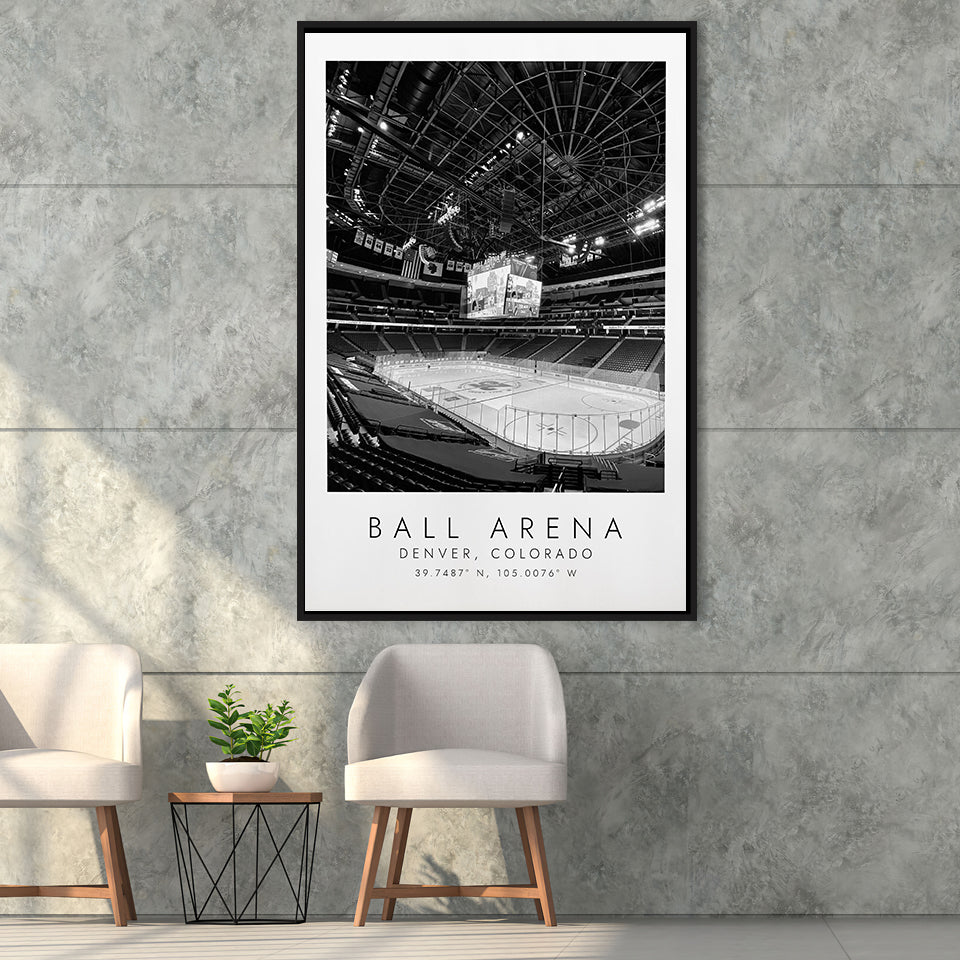 Ball Arena Colorado Avalanche, Stadium Wall Art For Ice Hockey Lovers, B&W, Floating Framed Canvas Print