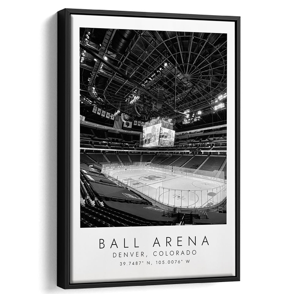 Ball Arena Colorado Avalanche, Stadium Wall Art For Ice Hockey Lovers, B&W, Floating Framed Canvas Print