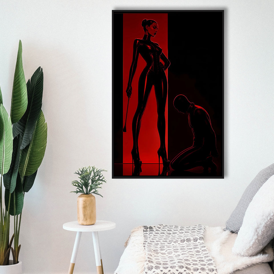 Bdsm Femdom Art Print, Red & Black Latex Art, Kinky Fetish Art Wall Decor, Framed Canvas Print, Floating Frame
