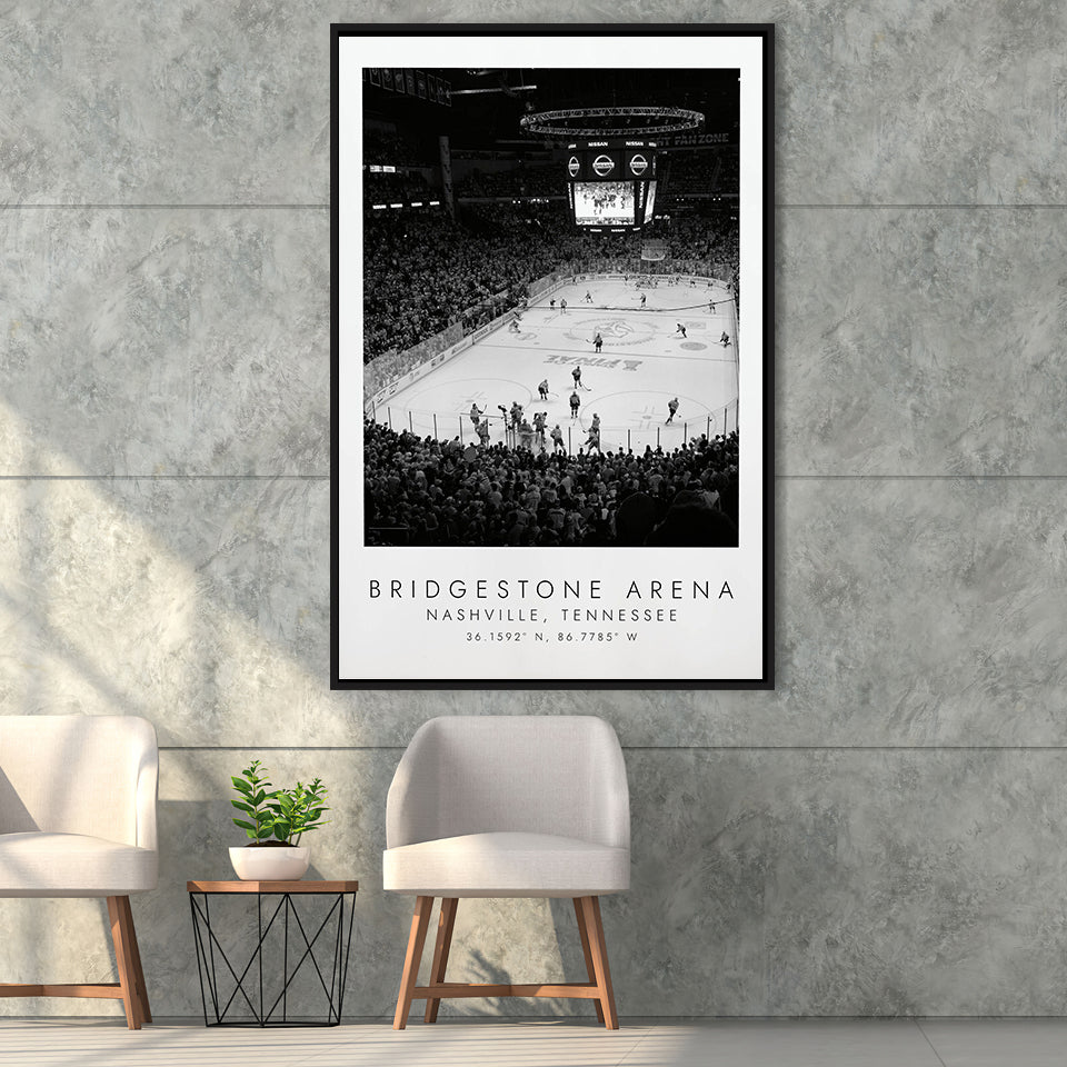 Bridgestone Arena Nashville Predators, Stadium Wall Art For Ice Hockey Lovers, B&W, Floating Framed Canvas Print