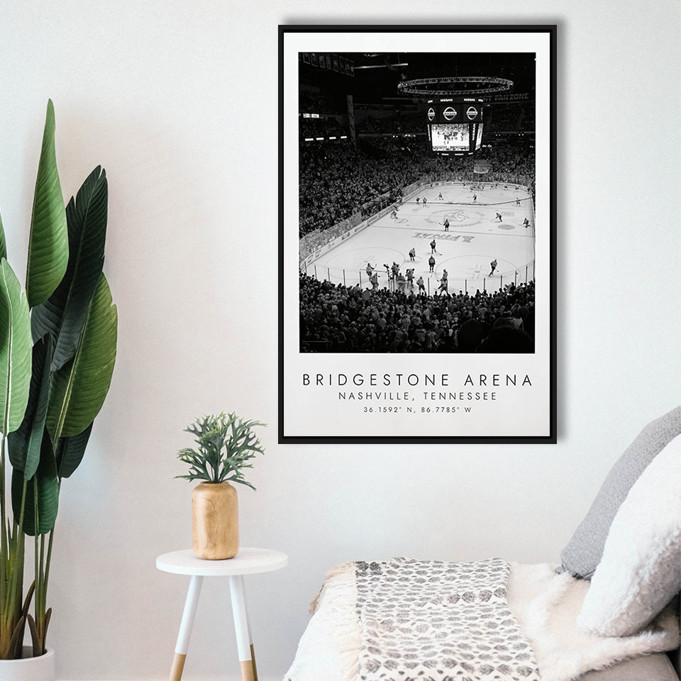 Bridgestone Arena Nashville Predators, Stadium Wall Art For Ice Hockey Lovers, B&W, Floating Framed Canvas Print