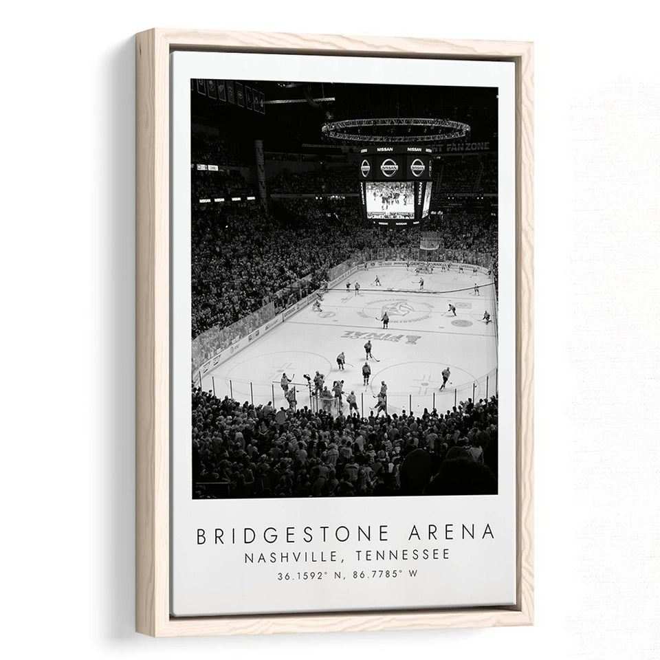 Bridgestone Arena Nashville Predators, Stadium Wall Art For Ice Hockey Lovers, B&W, Floating Framed Canvas Print