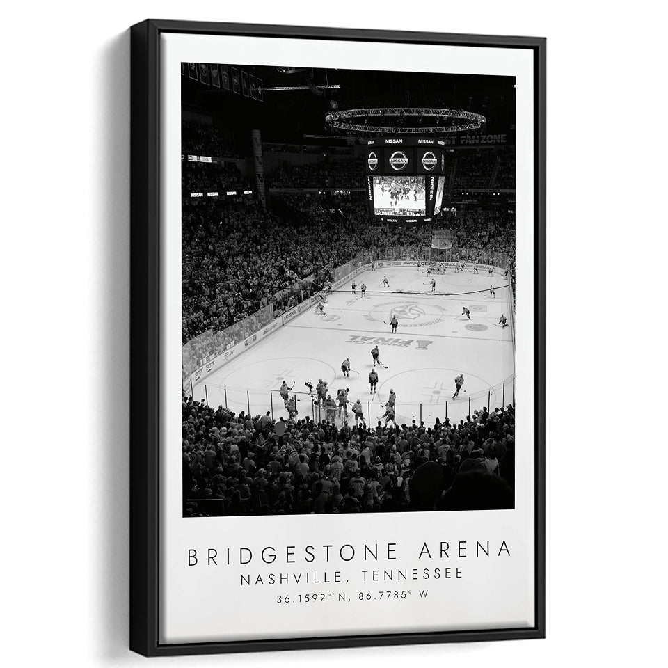 Bridgestone Arena Nashville Predators, Stadium Wall Art For Ice Hockey Lovers, B&W, Floating Framed Canvas Print