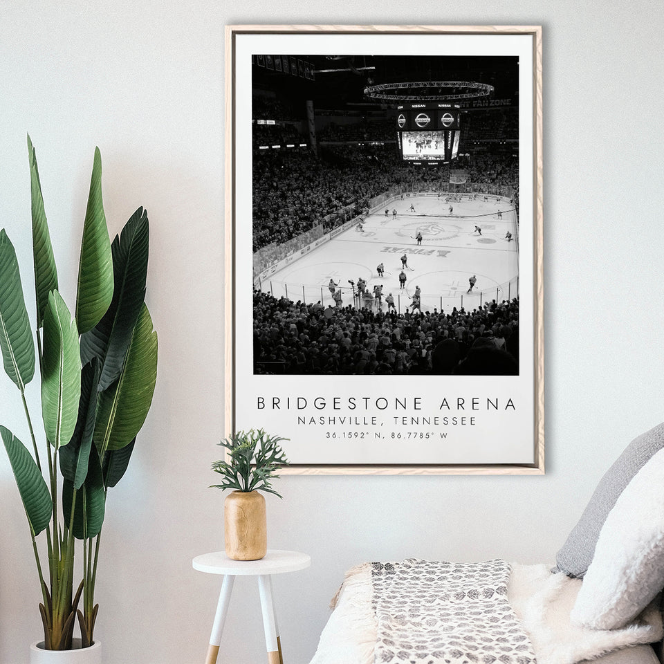 Bridgestone Arena Nashville Predators, Stadium Wall Art For Ice Hockey Lovers, B&W, Floating Framed Canvas Print