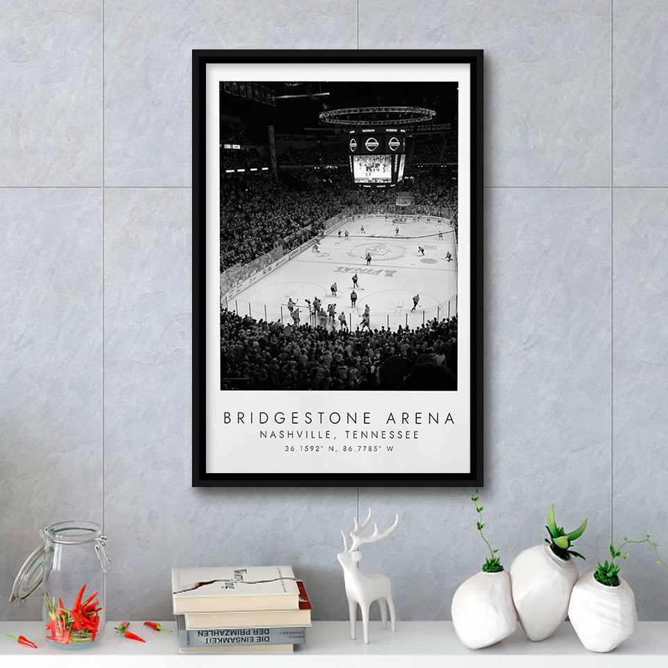 Bridgestone Arena Nashville Predators, Stadium Wall Art For Ice Hockey Lovers, B&W, Floating Framed Canvas Print