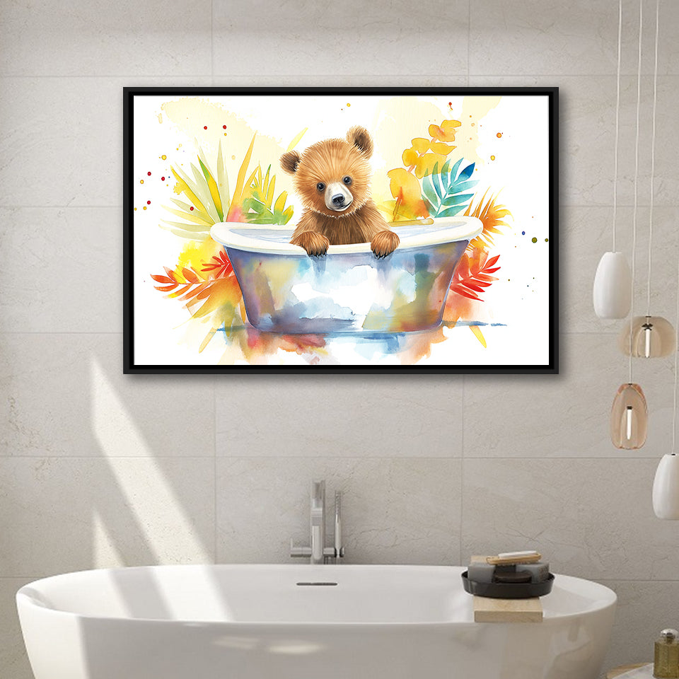 Baby Bear In Bathtub Bathroom Print Tropical Leave, Bathroom Art Decor Framed Canvas Prints Wall Art,Floating Frame