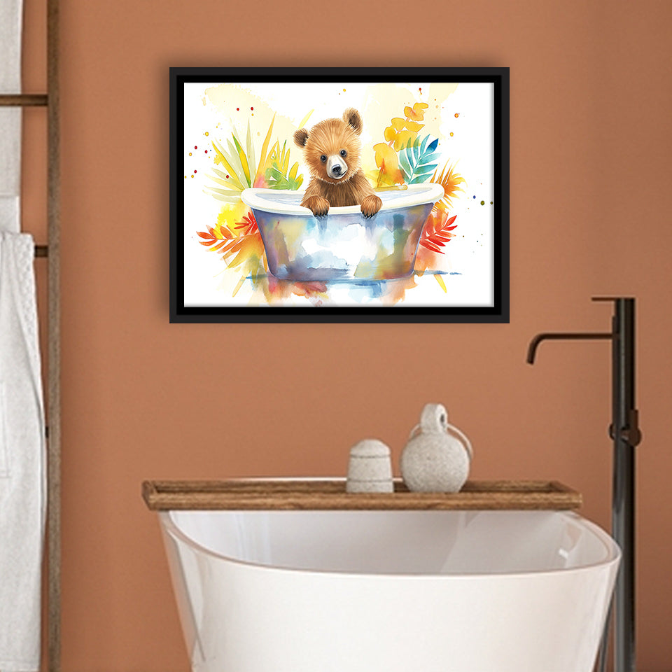 Baby Bear In Bathtub Bathroom Print Tropical Leave, Bathroom Art Decor Framed Canvas Prints Wall Art,Floating Frame