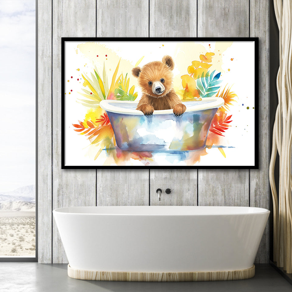 Baby Bear In Bathtub Bathroom Print Tropical Leave, Bathroom Art Decor Framed Art PrintsWall Art, Animal Bathroom Art