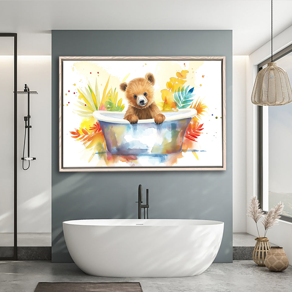 Baby Bear In Bathtub Bathroom Print Tropical Leave, Bathroom Art Decor Framed Canvas Prints Wall Art,Floating Frame