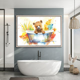Baby Bear In Bathtub Bathroom Print Tropical Leave, Bathroom Art Decor Framed Canvas Prints Wall Art,Floating Frame
