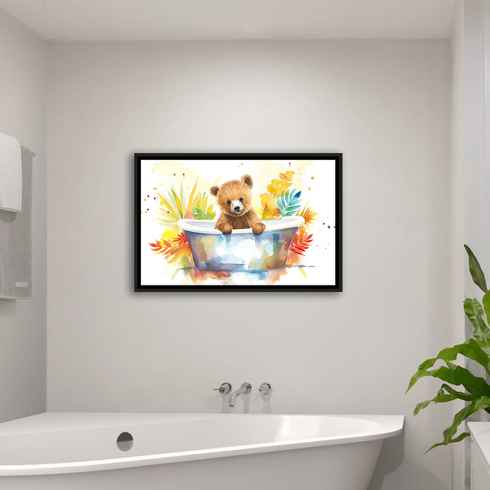 Baby Bear In Bathtub Bathroom Print Tropical Leave, Bathroom Art Decor Framed Canvas Prints Wall Art,Floating Frame
