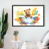 Baby Bear In Bathtub Bathroom Print Tropical Leave, Bathroom Art Decor Framed Canvas Prints Wall Art,Floating Frame