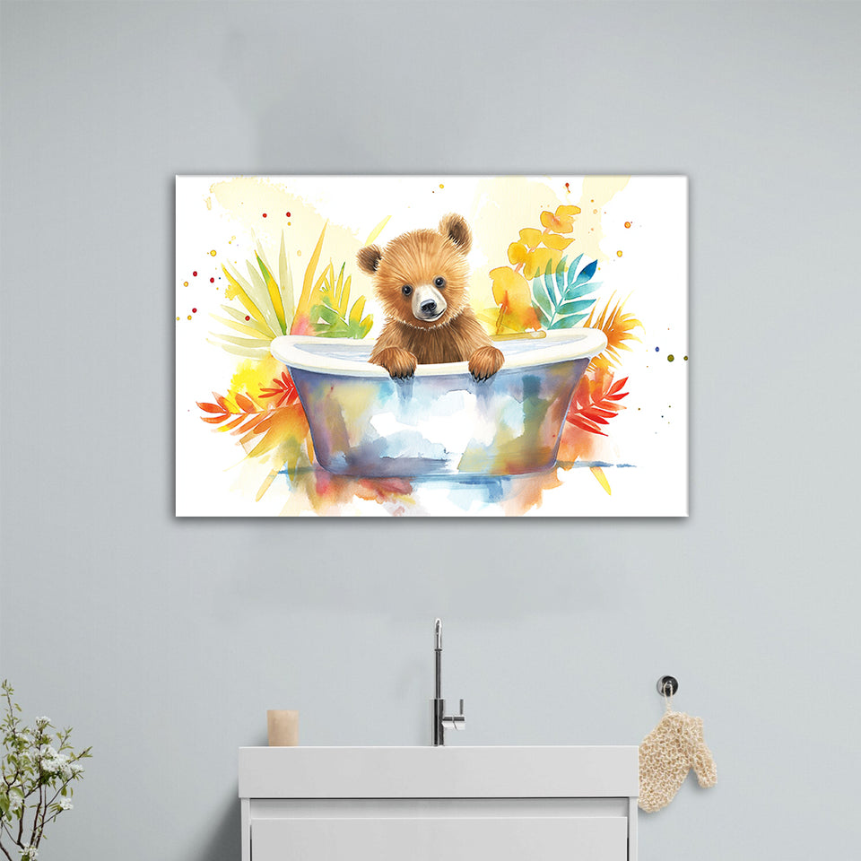 Baby Bear In Bathtub Bathroom Print Tropical Leave, Bathroom Art Decor Canvas Prints Wall Art, Animal Bathroom Art