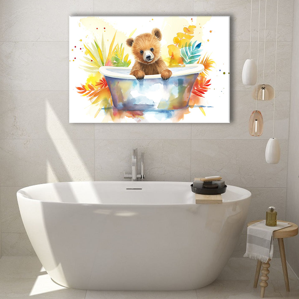 Baby Bear In Bathtub Bathroom Print Tropical Leave, Bathroom Art Decor Canvas Prints Wall Art, Animal Bathroom Art