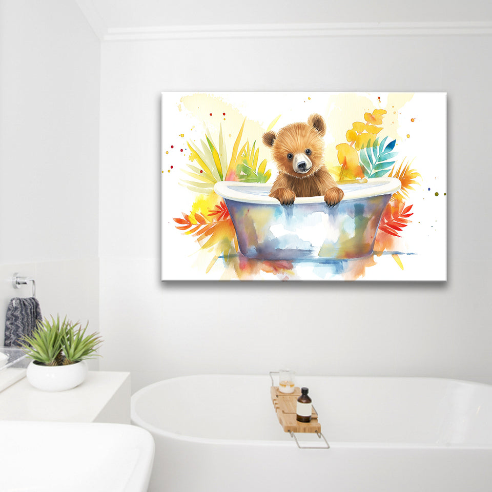 Baby Bear In Bathtub Bathroom Print Tropical Leave, Bathroom Art Decor Canvas Prints Wall Art, Animal Bathroom Art