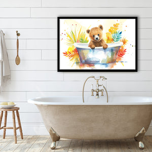 Baby Bear In Bathtub Bathroom Print Tropical Leave, Bathroom Art Decor Framed Art PrintsWall Art, Animal Bathroom Art