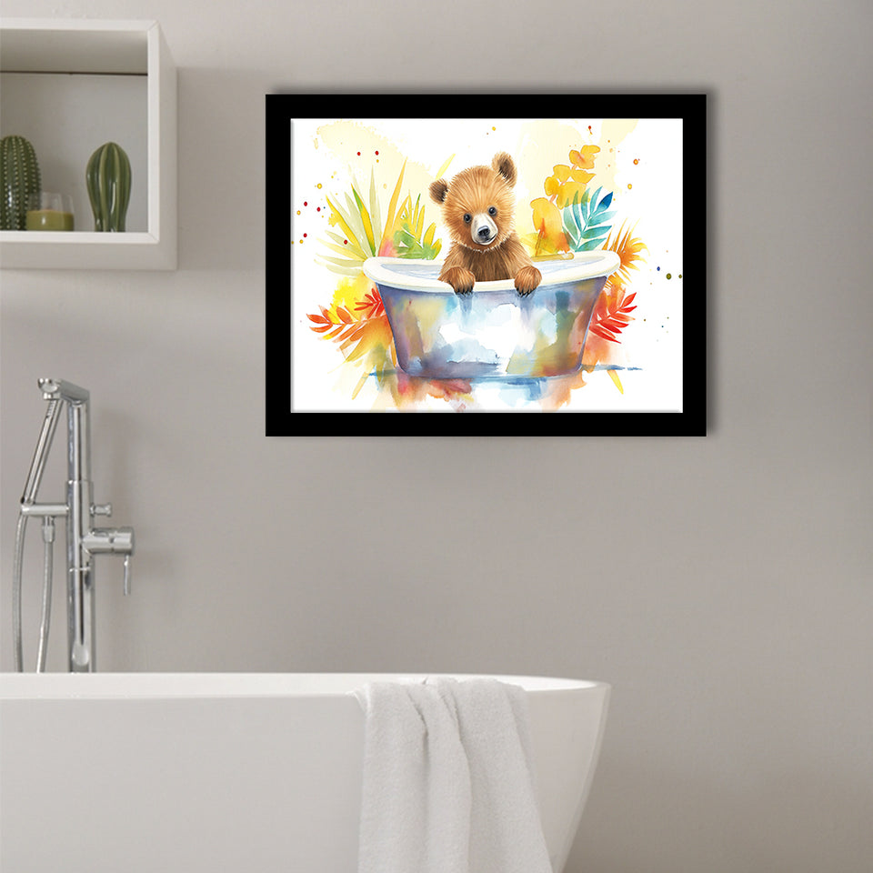 Baby Bear In Bathtub Bathroom Print Tropical Leave, Bathroom Art Decor Framed Art PrintsWall Art, Animal Bathroom Art