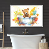 Baby Bear In Bathtub Bathroom Print Tropical Leave, Bathroom Art Decor Framed Canvas Prints Wall Art,Floating Frame