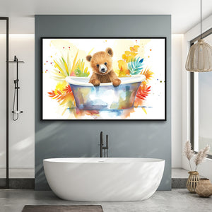 Baby Bear In Bathtub Bathroom Print Tropical Leave, Bathroom Art Decor Framed Canvas Prints Wall Art,Floating Frame