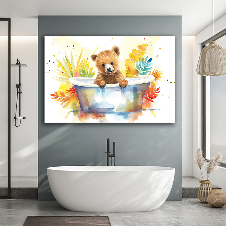 Baby Bear In Bathtub Bathroom Print Tropical Leave, Bathroom Art Decor Canvas Prints Wall Art, Animal Bathroom Art