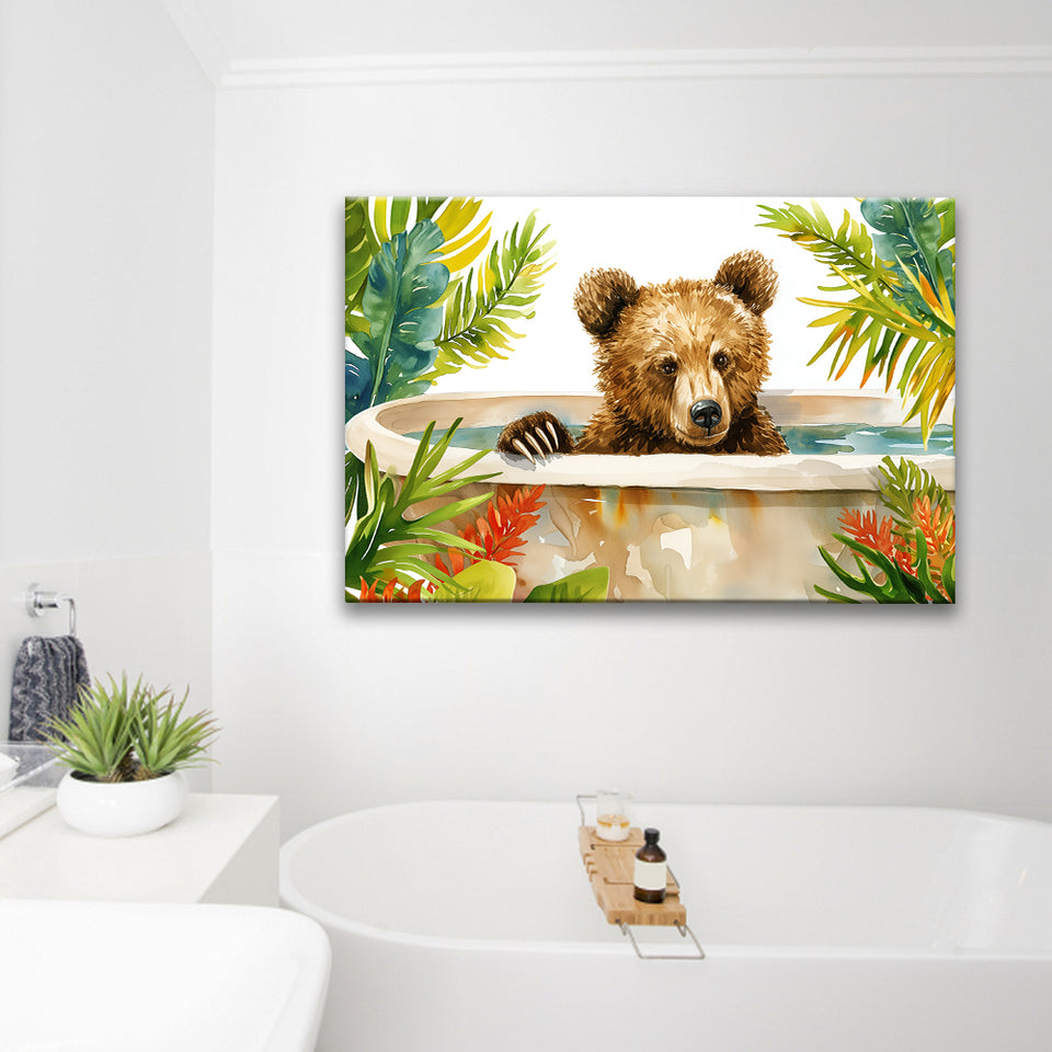 Baby Bear In Bathtub Bathroom Print Tropical Leave V2, Bathroom Art Decor Canvas Prints Wall Art, Animal Bathroom Art
