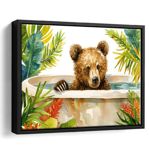 Baby Bear In Bathtub Bathroom Print Tropical Leave V2, Bathroom Art Decor Framed Canvas Prints Wall Art,Floating Frame