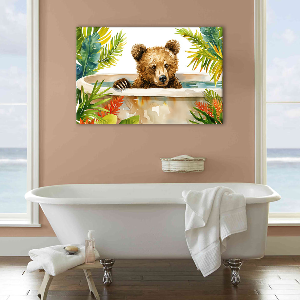 Baby Bear In Bathtub Bathroom Print Tropical Leave V2, Bathroom Art Decor Canvas Prints Wall Art, Animal Bathroom Art
