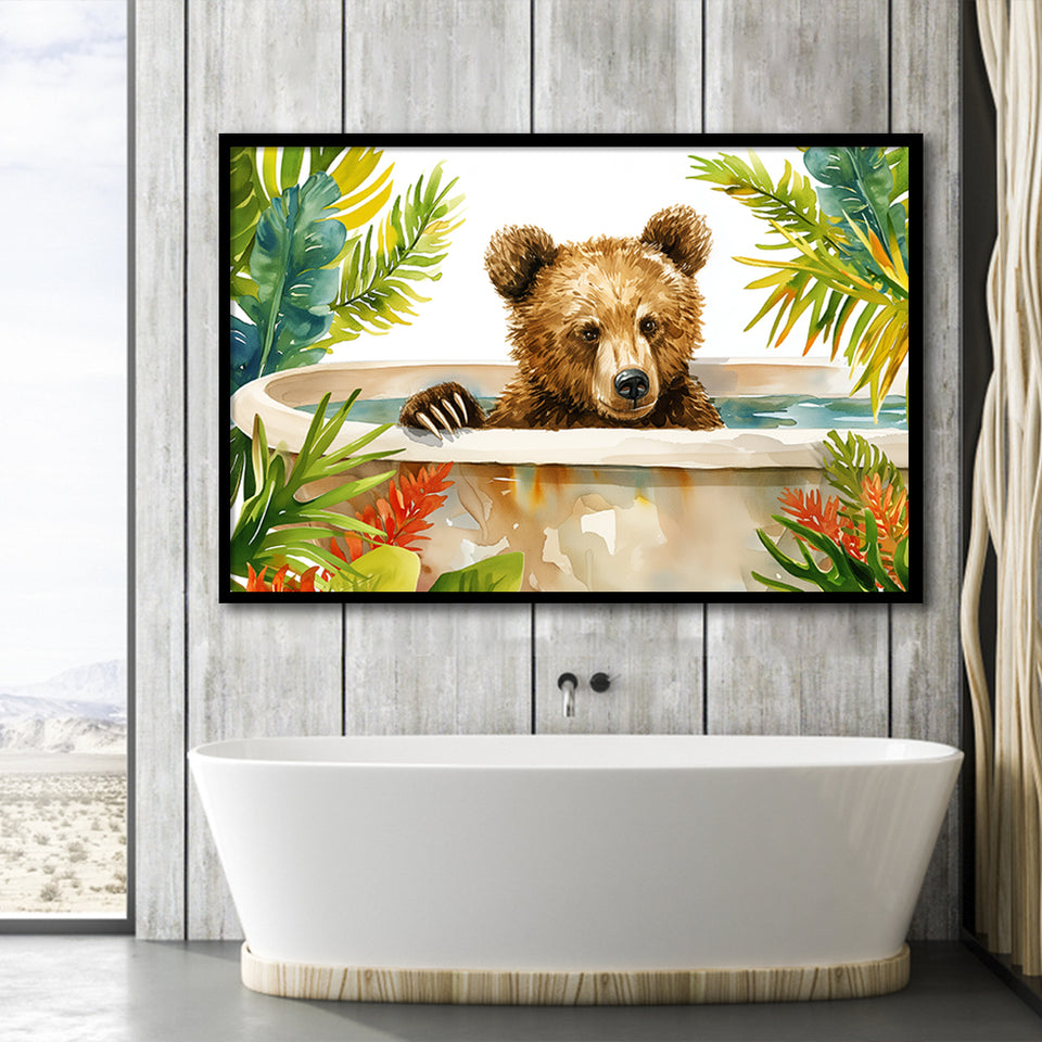 Baby Bear In Bathtub Bathroom Print Tropical Leave V2, Bathroom Art Decor Framed Art PrintsWall Art, Animal Bathroom Art